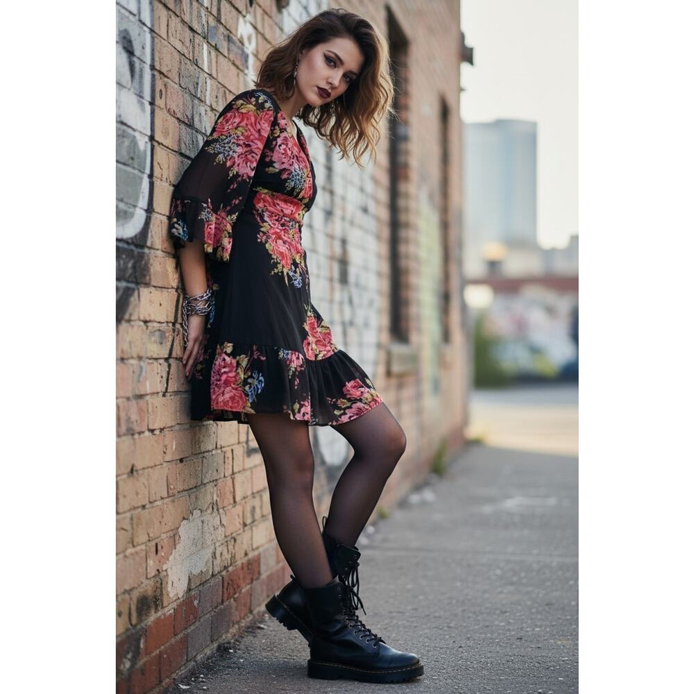 Betsy Johnson Floral Mini Dress Sz 4 Black Pink Babydoll Bell Sleeves Whimsigoth - Picture 6 of 16